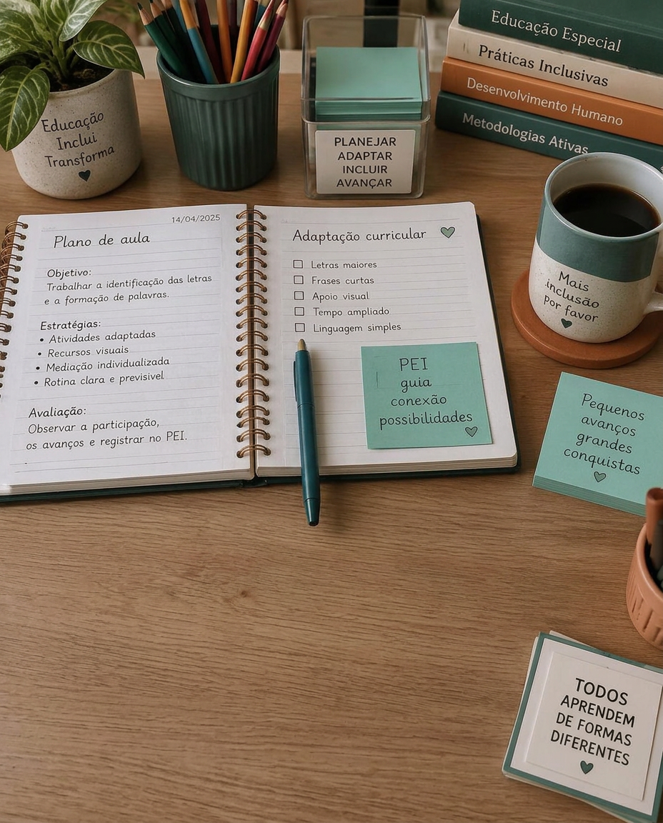 Mesa de professor com atividades adaptadas, lápis de cores e caderno